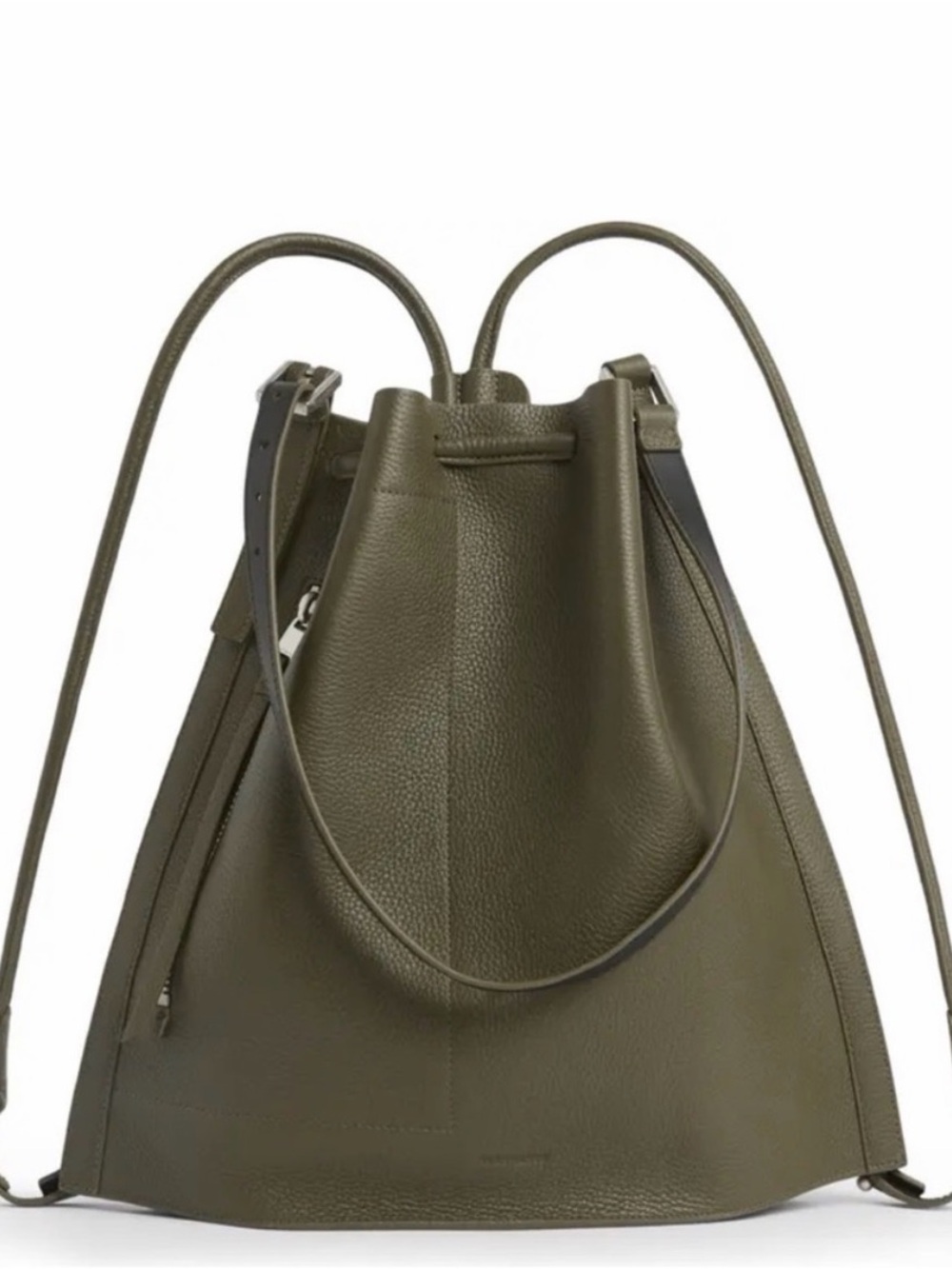 Olive Green Drawstring Leather Bucket Bag